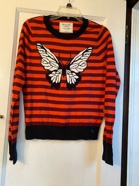 Striped Maroon and Orange Sweater with Butterfly Motif Small NWT 16"W x 22"L